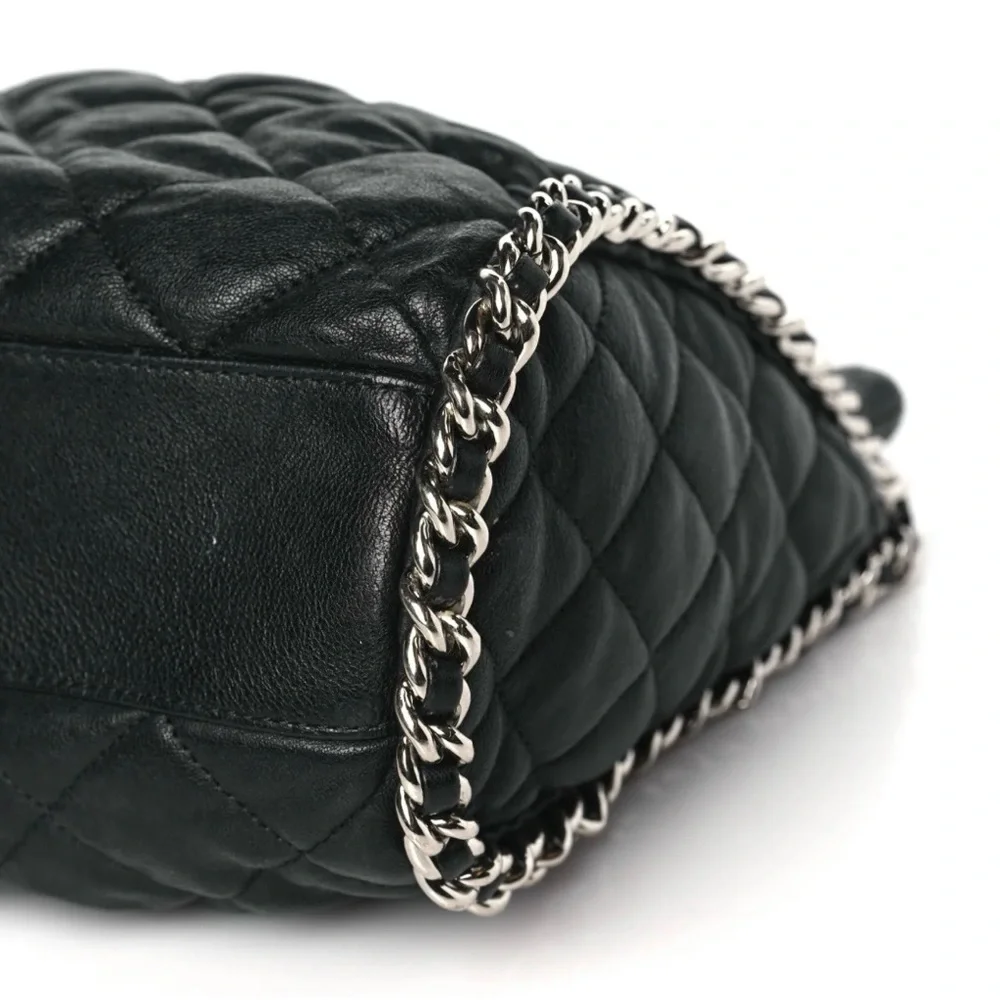 💞CHANEL BLACK Quilted Distressed / Washed Lambskin Double Chain Tote Silver HW